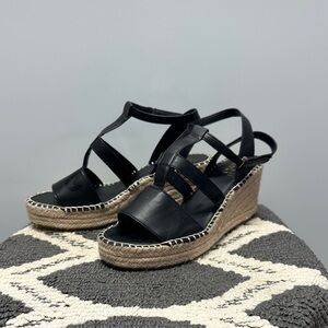 Franco Sarto Black Leather Espadrille Wedge Sandals